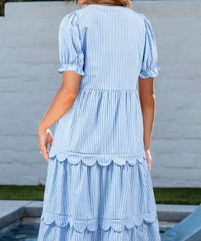 Sky Blue Stripe Bubble Short Sleeve Tiered Scallop Long Dress
