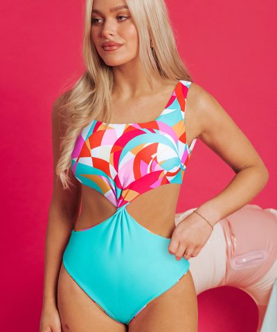 Purple Abstract Geometry Print Daring Cutout Reversible One Piece Swimsuit