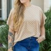 Khaki Checkerboard Short Batwing Sleeve Round Neck Plus Size T Shirt