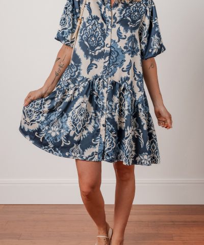 Blue Boho Floral Print Buttoned Collared Loose Fit Mini Dress