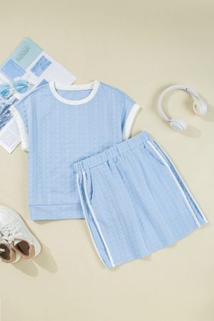 Beau Blue Contrast Trim Textured Crewneck Tee and Pocketed Skirt Set - Image 8