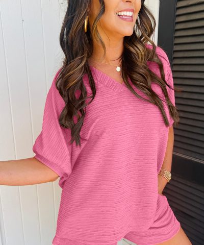 Pink Textured V Neck T Shirt and Shorts Set