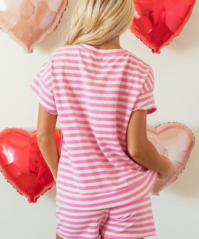 Rose Stripe Crew Neck T Shirt and Drawstring Shorts Set
