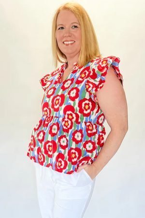 Red Plus Size Floral Print Ruffle Trim Split Neck Peplum Top - Image 4