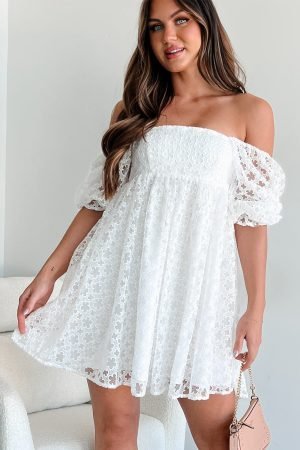 Alternative view of White Floral Lace Puff Sleeve Empire Waist Mini Dress