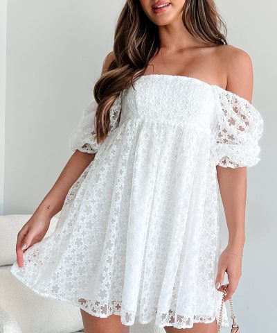 White Floral Lace Puff Sleeve Empire Waist Mini Dress