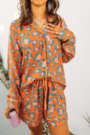 Orange Leopard Print Long Sleeve Shirt and Shorts Pajama Set - Image 6