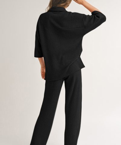 Black Solid Color Textured Buttoned Shirt and Casual Pants Set