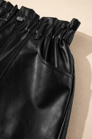 Black Faux Leather Paper Bag Waist High Rise Shorts - Image 7