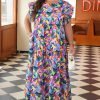 Blue Geometric Print Ruffled Short Sleeve Plus Size Tiered Maxi Dress