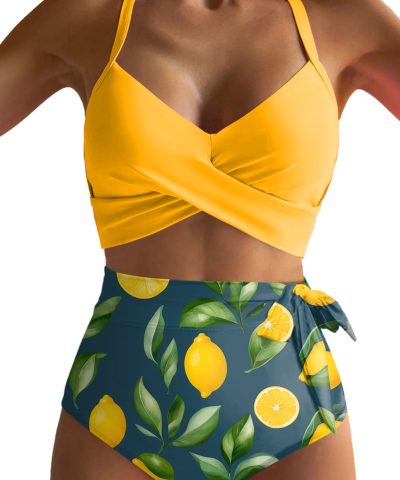 Yellow Crossed Straps Twisted Tropical Print Knot Side High Waist Bottom 2pcs Swimsuit