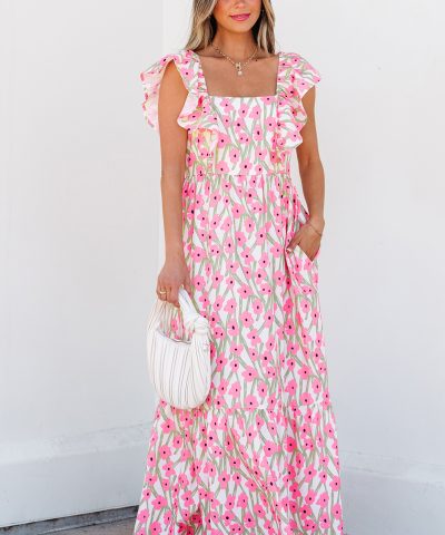 Pink Floral Print Square Neck Ruffled Strap Maxi Dress