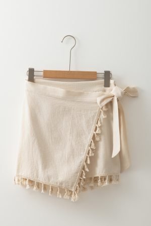 Apricot Tassel Trim Wrap Knot Side Bohemian Style Mini Skort - Image 6