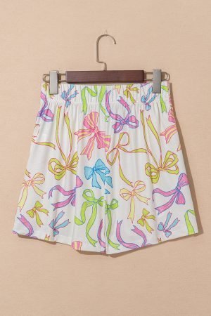 White Cheerful Bow Print Elastic Pull On Casual Shorts - Image 4