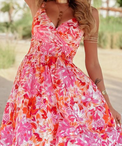 Red Floral Spaghetti Strap Surplice Neck Shirred Waist Mini Dress