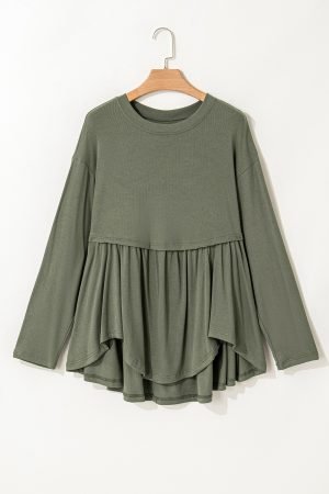 Mist Green Plus Size Thermal Knitted Babydoll Flare Top - Image 6