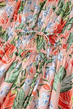 Apricot Pink Floral Smocked Bust Bubble Short Sleeve Maxi Dress - Image 9