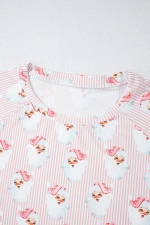 Pink Santa Claus Striped Print Loose Fit Two Piece Lounge Set - Image 5
