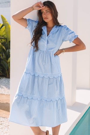 Sky Blue Stripe Bubble Short Sleeve Tiered Scallop Long Dress - Image 5