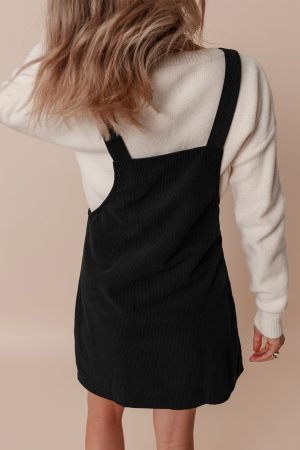 Alternative view of Black Solid Front Pockets Sleeveless Corduroy Overall Dress
