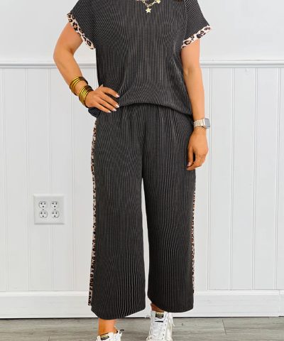 Carbon Grey Leopard Patchwork Edge Twisted Rib T Shirt and Cropped Pants Set