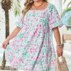 White Floral Print Ric-rac Trim Square Neck Plus Size Mini Dress
