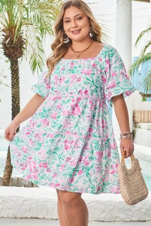 White Floral Print Ric-rac Trim Square Neck Plus Size Mini Dress