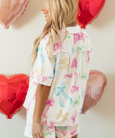 White Bowknot Print Buttoned Shirt High Waist Shorts Pajama Set