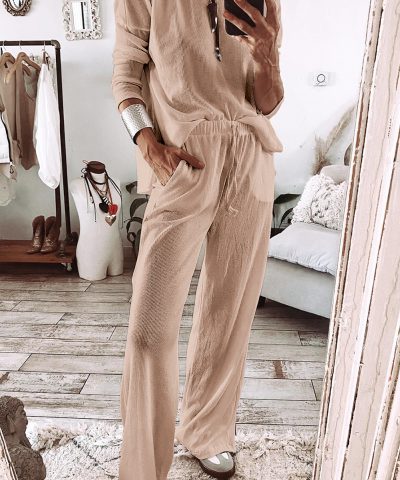 Parchment Textured Long Sleeve T Shirt and Pants Lounge Set