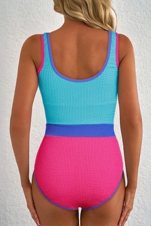 Rose Red Textured Color Block Patchwork One Piece Swimsuit - Image 2
