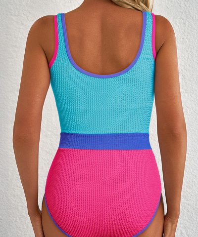 Rose Red Textured Color Block Patchwork One Piece Swimsuit