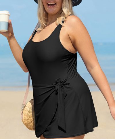 Black Solid Color Square Neck Knotted Plus Size One Piece Swimsuit