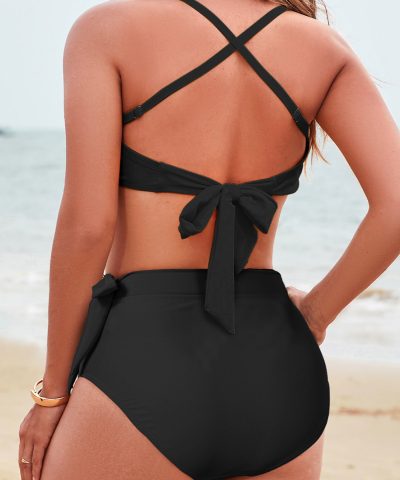 Black Crossed Straps Twisted Tropical Print Knot Side High Waist Bottom 2pcs Swimsuit
