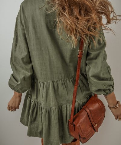 Jungle Green Puff Sleeve Buttoned Tiered Pleated Shirt Mini Dress