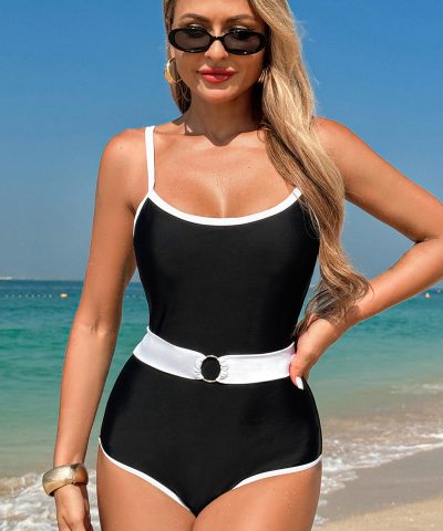 Black Contrast Trim Two Tone Belted One Piece Swimsuit