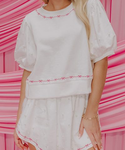 White Contrast Bow Trim Pearl Puff Sleeve Blouse and Skort 2pcs Set