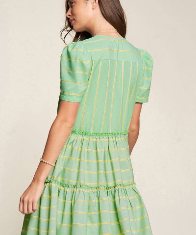 Green Stripe V Neck Short Sleeve Frilled Detail A-line Dress