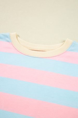Sky Blue Stripe Drop Shoulder Crewneck Plus Size Sweatshirt - Image 7