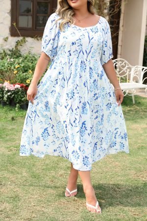 Sky Blue Floral Print Sweetheart Neck Plus Size Midi Dress - Image 6