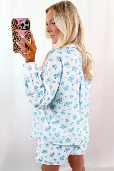 Sky Blue Floral Striped Print Contrast Patched Pocket Shirt and Shorts Set