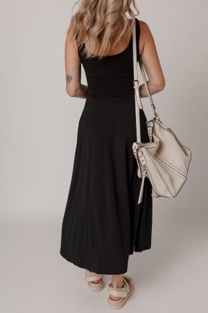 Black Sleeveless Scoop Neck Flared Split Midi Dress - Image 3