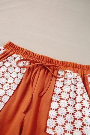 Gold Flame Plus Size Floral Crochet Patch Drawstring Wide Leg Pants - Image 6