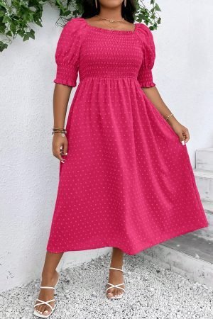 Sachet Pink Swiss Dot Smocked Frilled Neckline Short Sleeve Plus Size Dress - Image 3