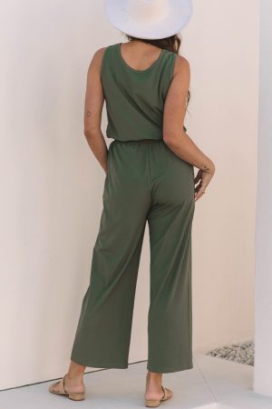 Vineyard Green Buttoned Drawstring Elastic Waistband Sleeveless Wide Leg Jumpsuit - Image 2