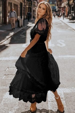 Black Dotty Lace Mesh Flowy Maxi Dress - Image 4