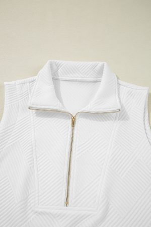 White Textured Half Zip Tank Top Drawstring Shorts Set - Image 9