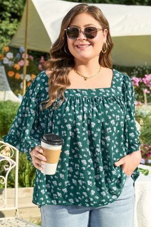 Green Floral Print Square Neck Ruffled Trim Plus Size Blouse - Image 3
