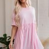 Light Pink Solid Color Pocketed Raw Edge Babydoll Dress