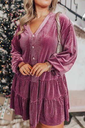 Meadow Mauve Plus Size Textured Velvet Tiered Buttons Tiered Dress - Image 4