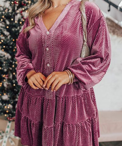Meadow Mauve Plus Size Textured Velvet Tiered Buttons Tiered Dress